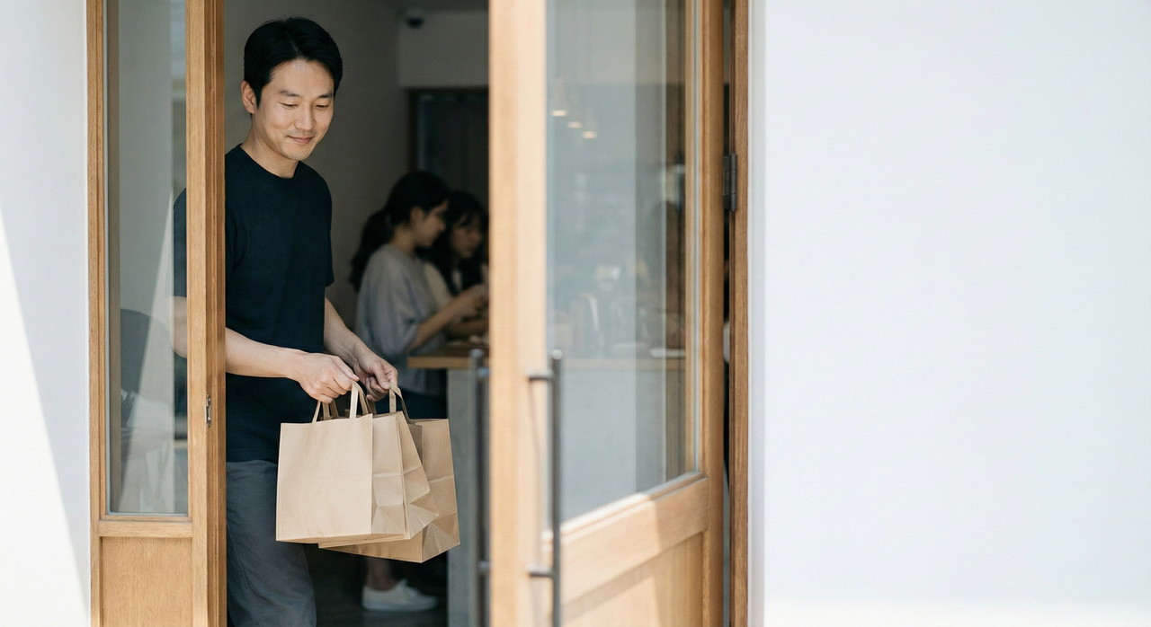 메이트 QR오더가 설치된 매장에서 포장 주문을 마치고 가게를 나가는 손님