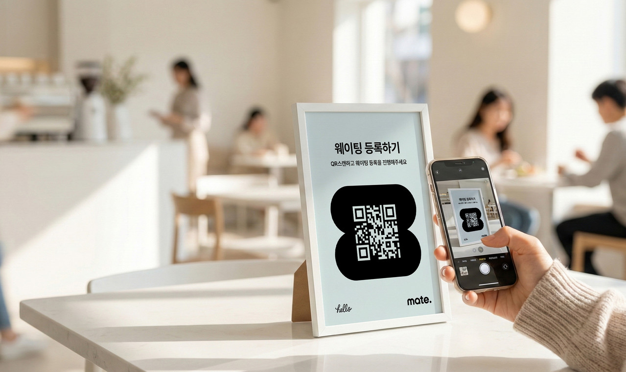 메이트 웨이팅 QR 포스터가 비치된 식당 내부