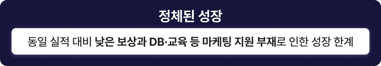 정체된 성장: 동일 실적 대비 낮은 보상과 DB, 교육 등 마케팅 지원 부재로 인한 성장 한계