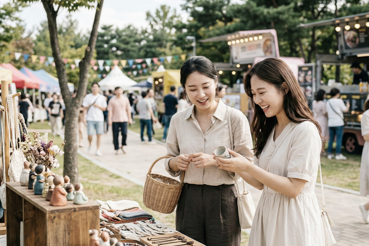 메이트 행사결제솔루션을 사용하는 행사장 부스에 방문한 고객