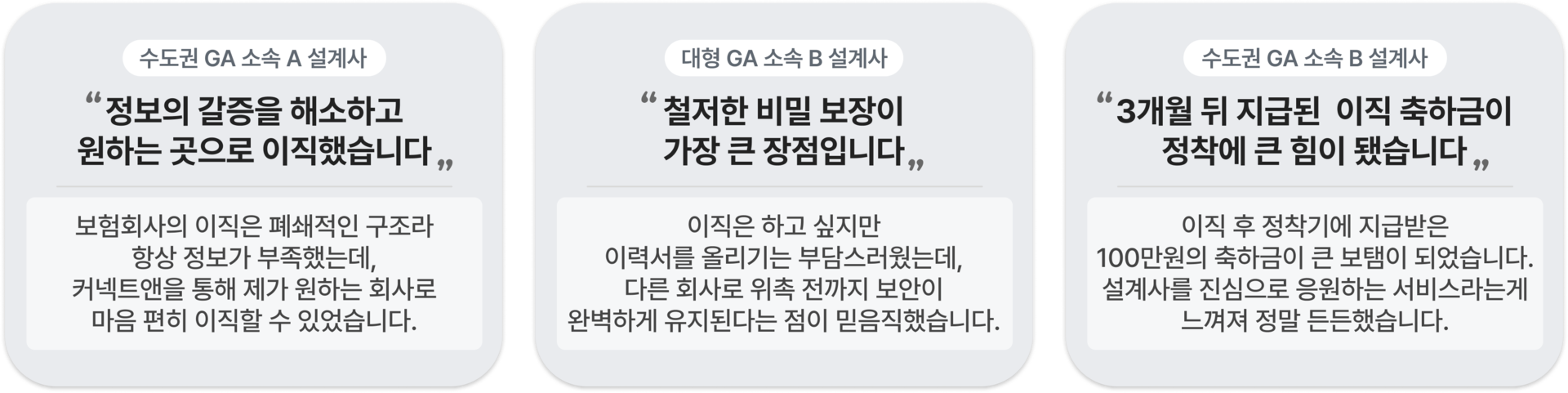 커넥트앤 보험설계사 이직 매칭 서비스의 4가지 핵심 강점: 1. 투명한 정보 공개 (수수료 체계 및 지원 정책 사전 확인), 2. 100% 익명 보장 (위촉 계약 전까지 철저하게 유지되는 개인정보 보안 시스템), 3. 맞춤형 매칭 (매칭 담당자의 1:1 상담을 통한 최적의 지점 추천), 4. 정착 지원 (성공적인 안착을 돕는 사후 관리 및 이직 축하금 100만 원 지원)