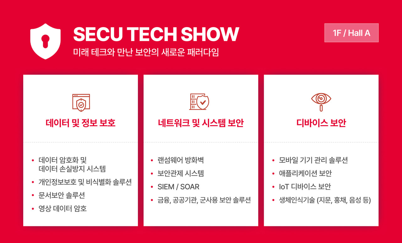 SECU TECH SHOW 행사 안내 이미지 - 데이터 및 정보 보호, 네트워크 및 시스템 보안, 디바이스 보안 등 미래 테크와 만난 보안의 새로운 패러다임 소개 (장소: 1F / Hall B)