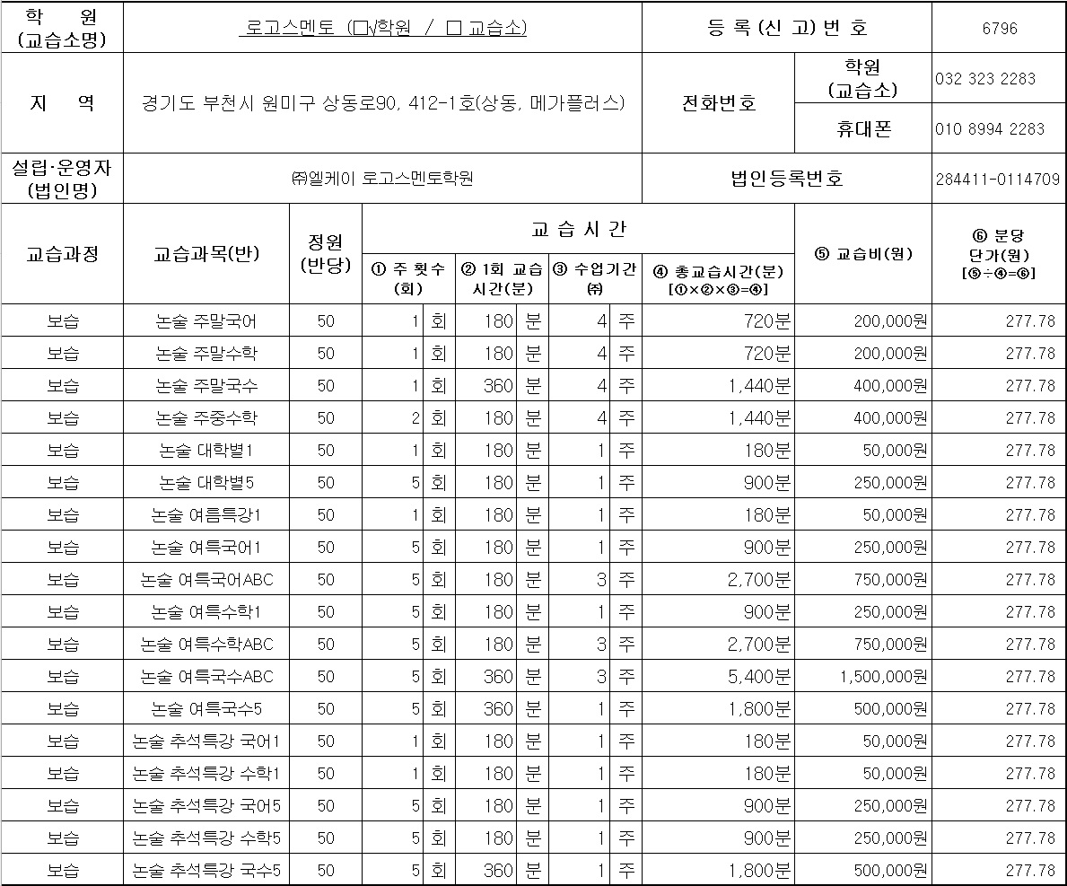 로고스멘토학원 부천관 수강료 내역