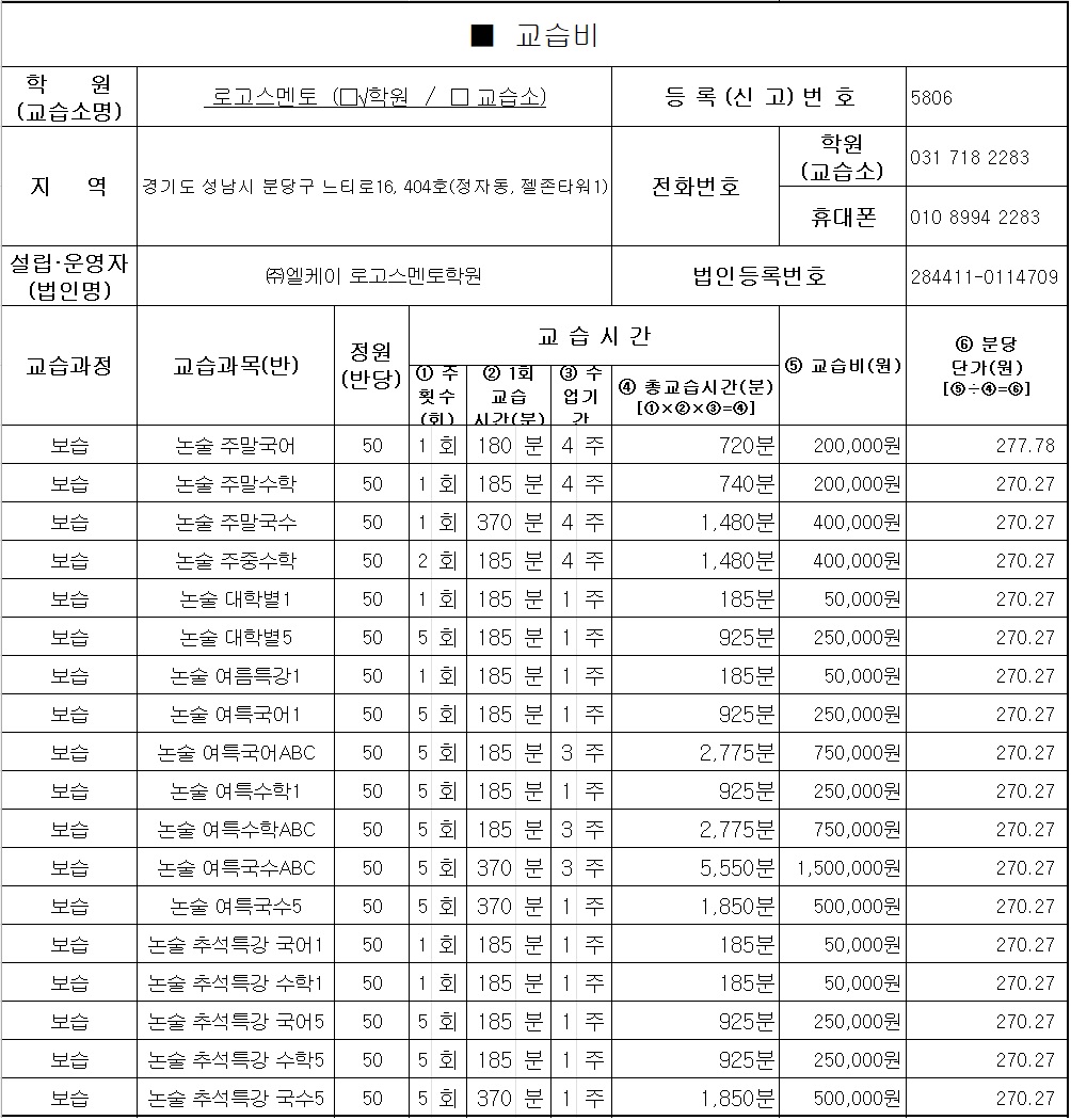 로고스멘토학원 분당관 수강료 내역