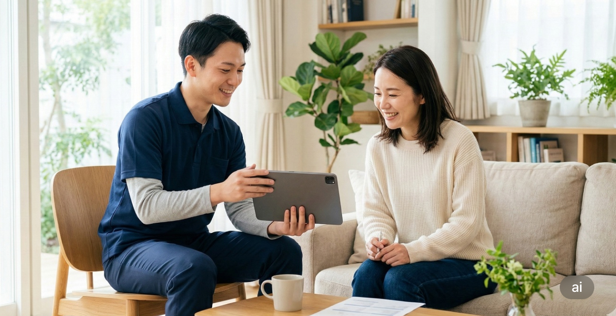 고객과 태블릿으로 청소 기준과 견적을 상담하는 클린 르누보 전문가