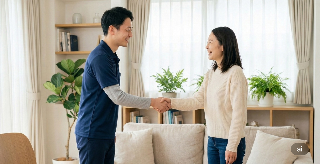 청소 서비스 완료 후 만족한 고객과 악수하는 클린 르누보 담당자