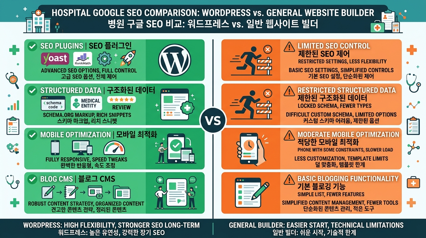 병원 마케팅 WordPress SEO 플랫폼 비교 — 구글 상위 노출을 위한 최적 CMS 선택