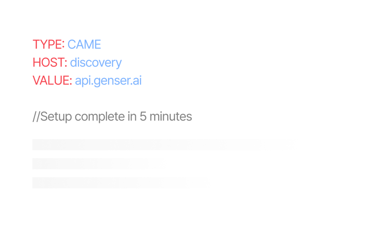 TYPE:CNAME, HOST:discovery, VALUE:api.genser.ai를 강조한 설정 코드 블록 그래픽