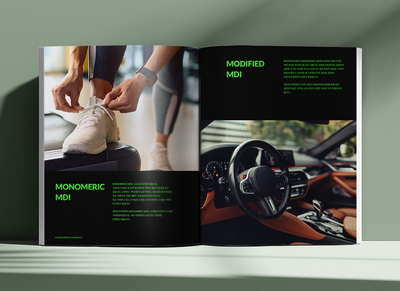 IMC KOREA가 제작한 금호미쓰이화학 모션 브로슈어 내지 펼침 디자인