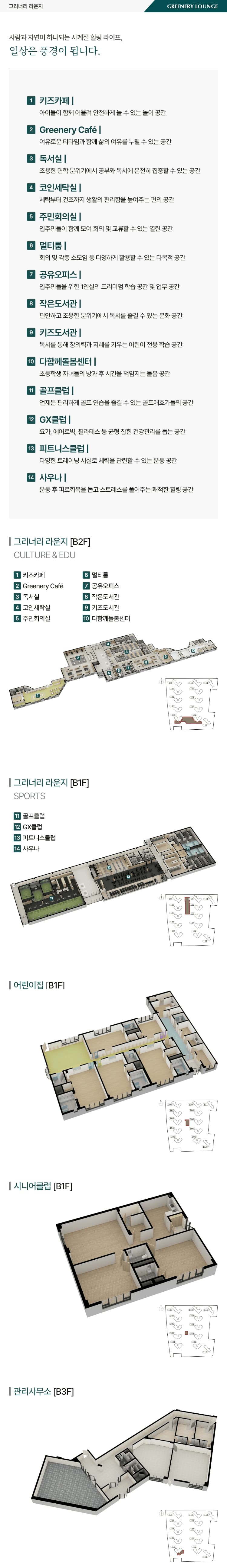 동래 푸르지오 에듀포레 커뮤니티 그리너리 라운지 배치도 | B1,B2,B3 F 시설 구성