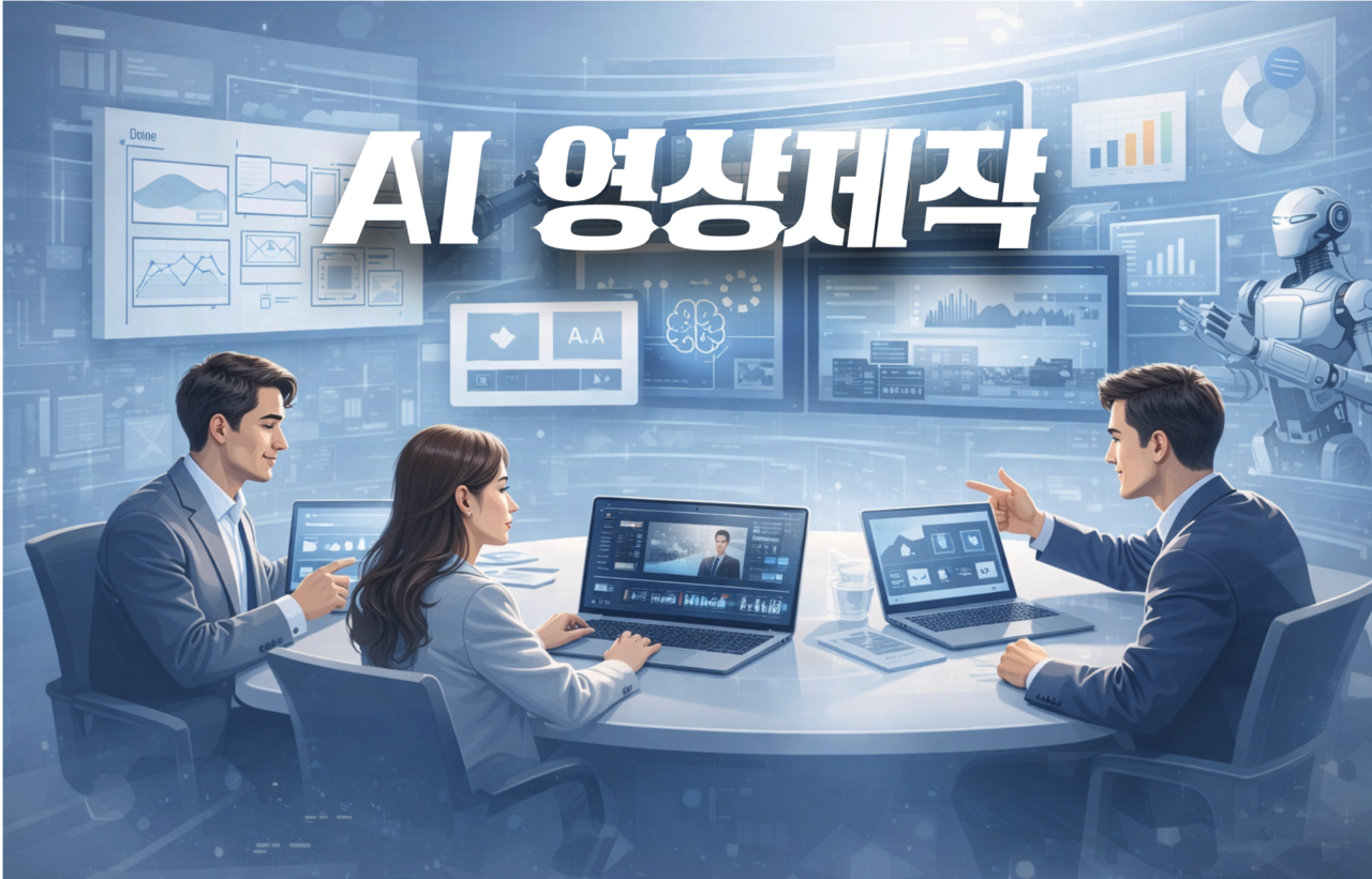 AI를 활용해 영상 콘텐츠를 기획하고 편집하는 회의 장면으로 기업의 AI 영상제작 업무 활용을 표현한 이미지