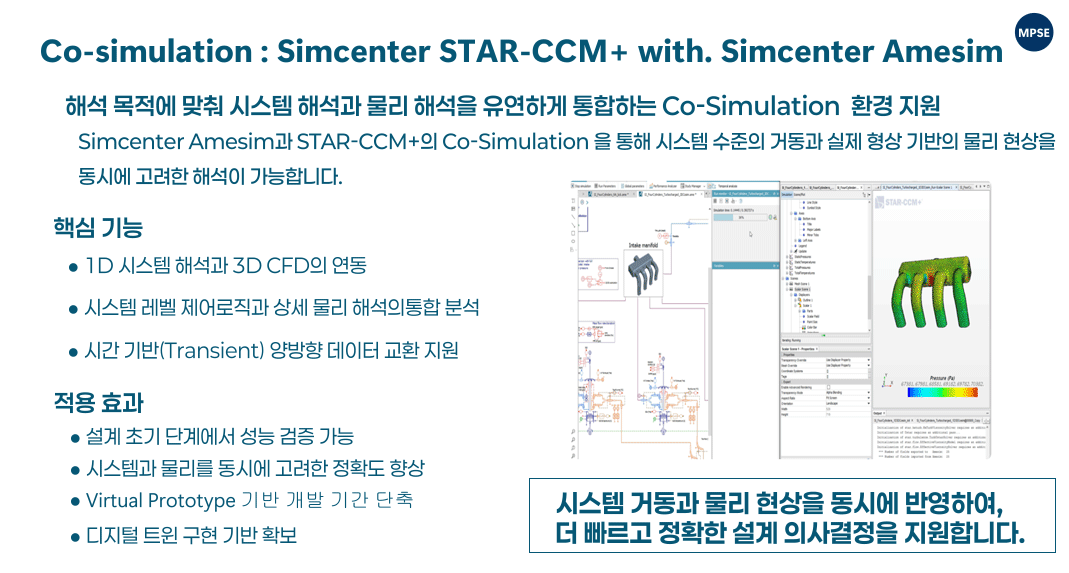 By enabling detailed analysis and rapid evaluation of multiple design configurations, Simcenter STAR-CCM+ supports design optimization, reduces reliance on physical testing, and accelerates product development cycles. Simcenter STAR-CCM+는 다양한 설계안을 빠르게 평가하고 성능을 비교 분석할 수 있도록 지원하여, 물리 실험 의존도를 줄이고 제품 개발 속도를 향상시키며 최적 설계를 도출할 수 있습니다.