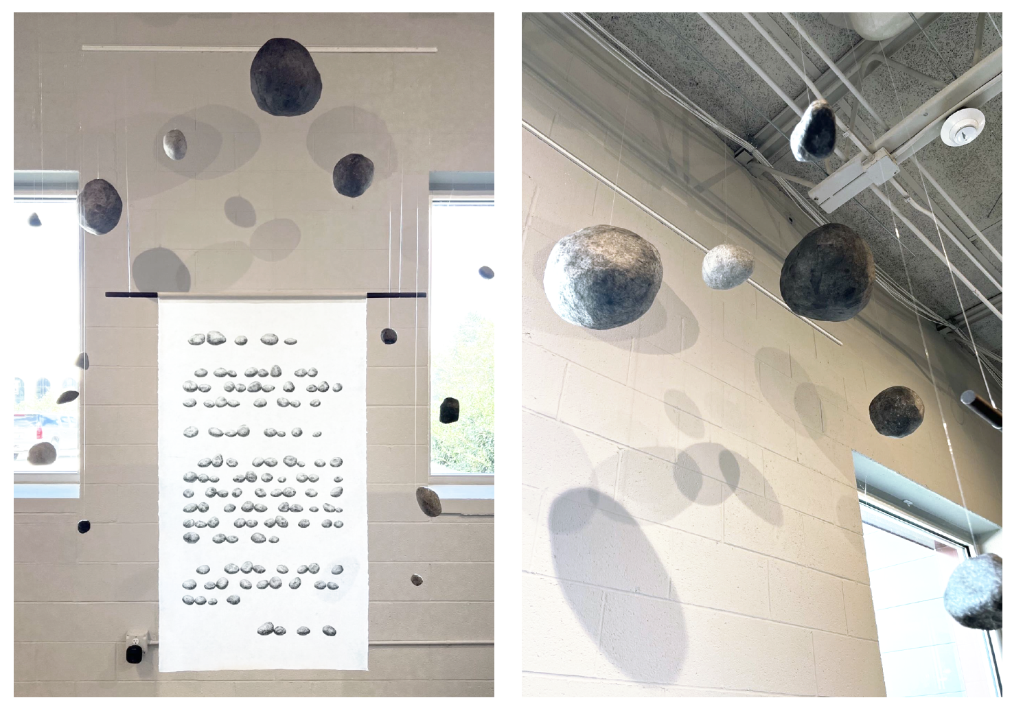 (왼쪽)The ‘Isa’ series 장지위에 먹, 135cm x 76cm 가변설치, 2023   (오른쪽)Isa#3  설치작업 이미지 