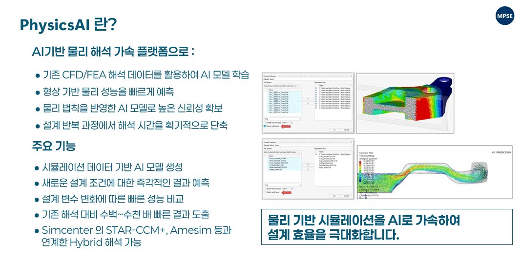 PhysicsAI leverages historical simulation data to train AI models that learn the relationship between geometry and physical behavior, enabling engineers to generate predictive models without the need for repeated high-fidelity simulations. PhysicsAI는 기존 시뮬레이션 데이터를 학습하여 형상과 물리적 거동 간의 관계를 이해하는 AI 모델을 생성하며, 반복적인 고비용 해석 없이도 예측 모델을 구축할 수 있도록 지원합니다.