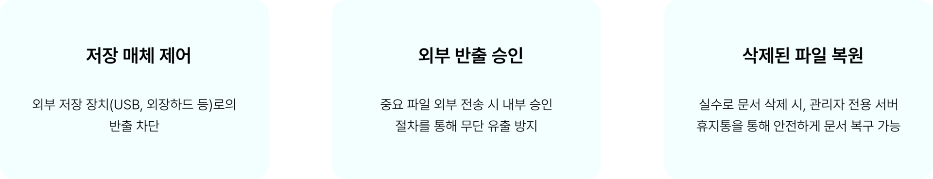 cloudium 보안 기능 — 저장 매체 제어(USB·외장하드 반출 차단), 외부 반출 승인(내부 승인 절차로 무단 유출 방지), 삭제된 파일 복원(관리자 전용 휴지통으로 문서 복구)