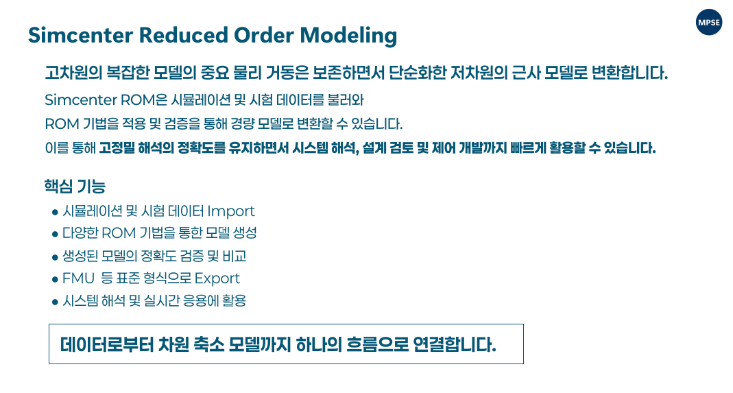 Once generated, reduced-order models can deliver ultra-fast predictions compared to traditional simulation methods, enabling real-time analysis, co-simulation, and rapid evaluation of system performance. 생성된 ROM 모델은 기존 해석 대비 매우 빠른 속도로 결과를 예측할 수 있으며, 실시간 해석, Co-simulation, 그리고 시스템 성능의 신속한 평가를 가능하게 합니다.