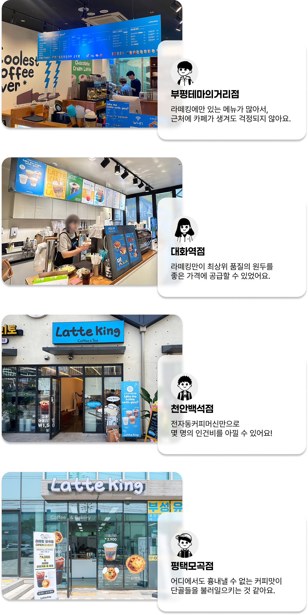 부평테마의거리점: 라떼킹에만 있는 메뉴가 많아서, 근처에 카페가 생겨도 걱정되지 않아요.  대화역점: 라떼킹만이 최상위 품질의 원두를 좋은 가격에 공급할 수 있었어요.  천안백석점: 전자동커피머신만으로 몇 명의 인건비를 아낄 수 있어요!  평택모곡점: 어디에서도 흉내낼 수 없는 커피맛이 단골들을 불러일으키는 것 같아요