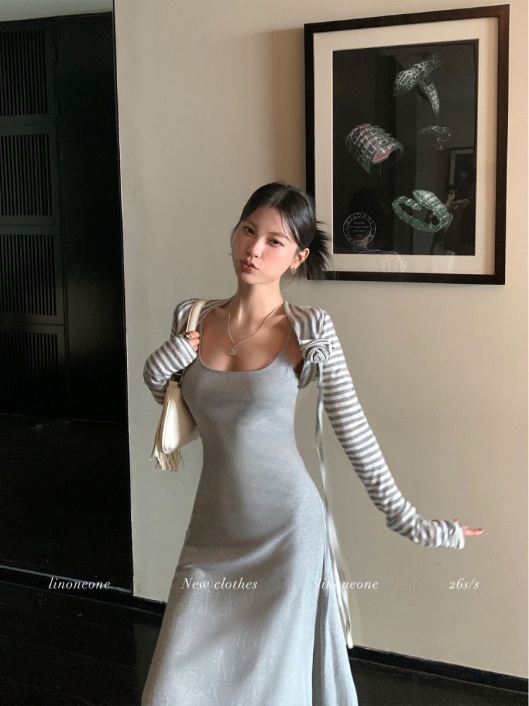 LIN Bright Slim Fit Strap Dress with Striped Long-Sleeve Shoulder Strap ...