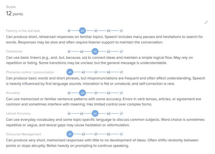 Speaking 평가 항목 예시 (전문가 평가 추가 가능)
