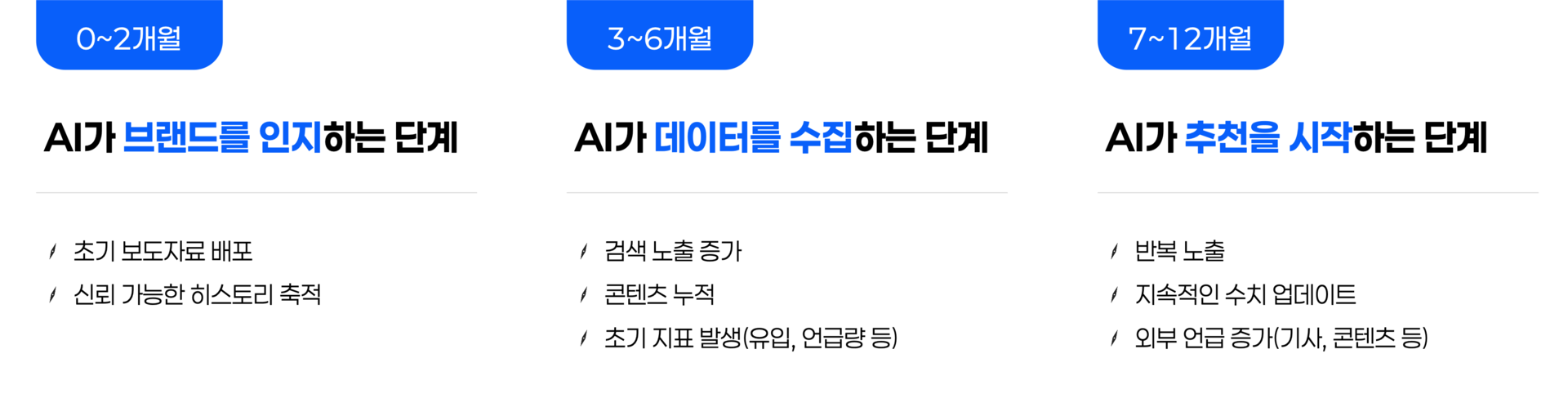 AI 선택의 핵심은 잘 설계된 데이터의 축적. 0~2개월 - AI가 브랜드를 인지하는 단계, 3~6개월 - AI가 데이터를 수집하는 단계, 7~12개월 - AI가 추천을 시작하는 단계