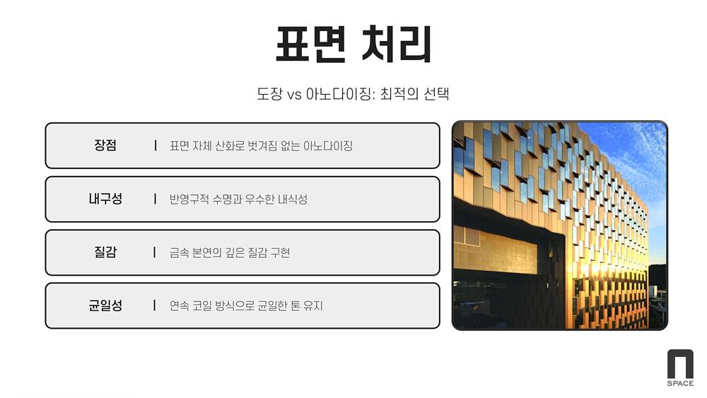 표면처리(도장vs아노다이징:최적의선택) / 아노다이징 / 장점(표면자체 산화피막으로 벗겨짐 없음, 내구성(반영구적 수명과 우수한 내식성) / 질감(금속 본연의 깊은 질감 구현) / 균일성(연속 코일 방식으로 균일한 톤 유지) / 첨부 사진의 서울대관정도서관 아노다이징 복합판넬 현장으로 아노다이징의 빛 각도에 따른 특색을 표현한 현장임