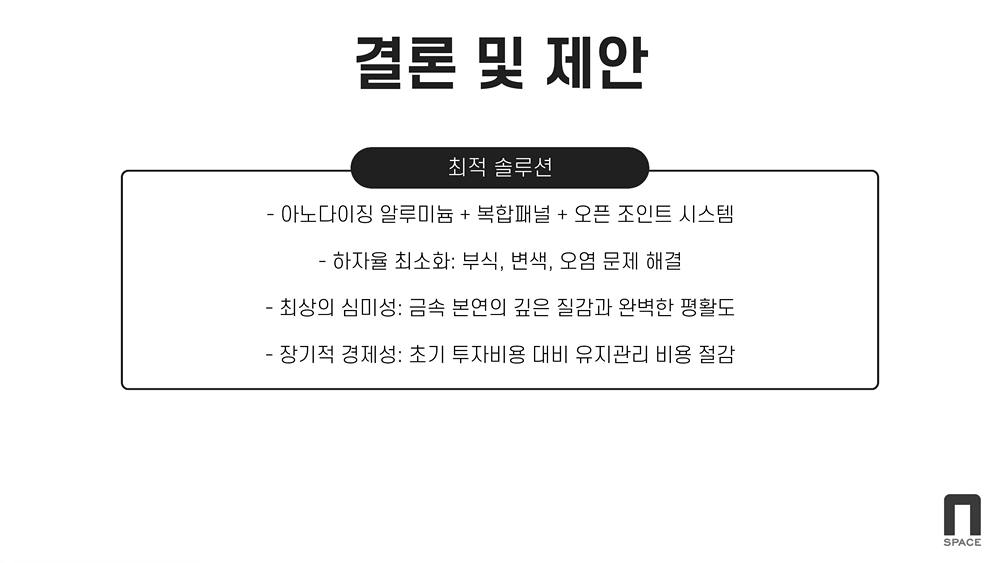 결론 및 제안 (최적 솔루션) / 아노다이징 알루미늄 + 복합패널 + 오픈조인트 시스템 / 하자율 최소화 : 부식,변색, 오염 문제 해결 / 최상의 심미성 : 금속 본연의 깊은 질감과 완벽한 평활도 / 장기적 경제성 : 초기 투자비용 대비 유지관리 비용 절감