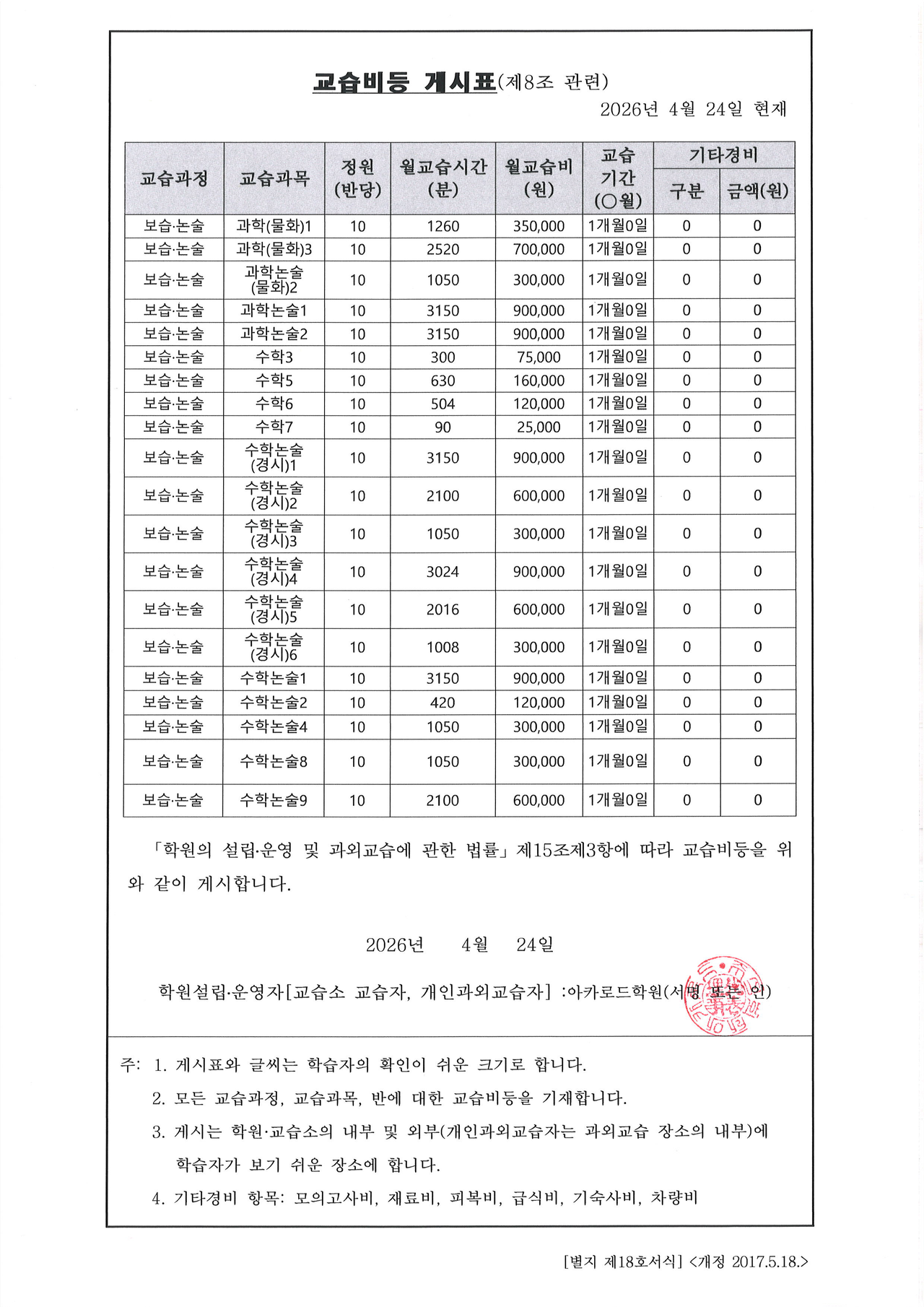 아카로드학원(강남 서초 교육지원청 등록 제 13930호) 교습비