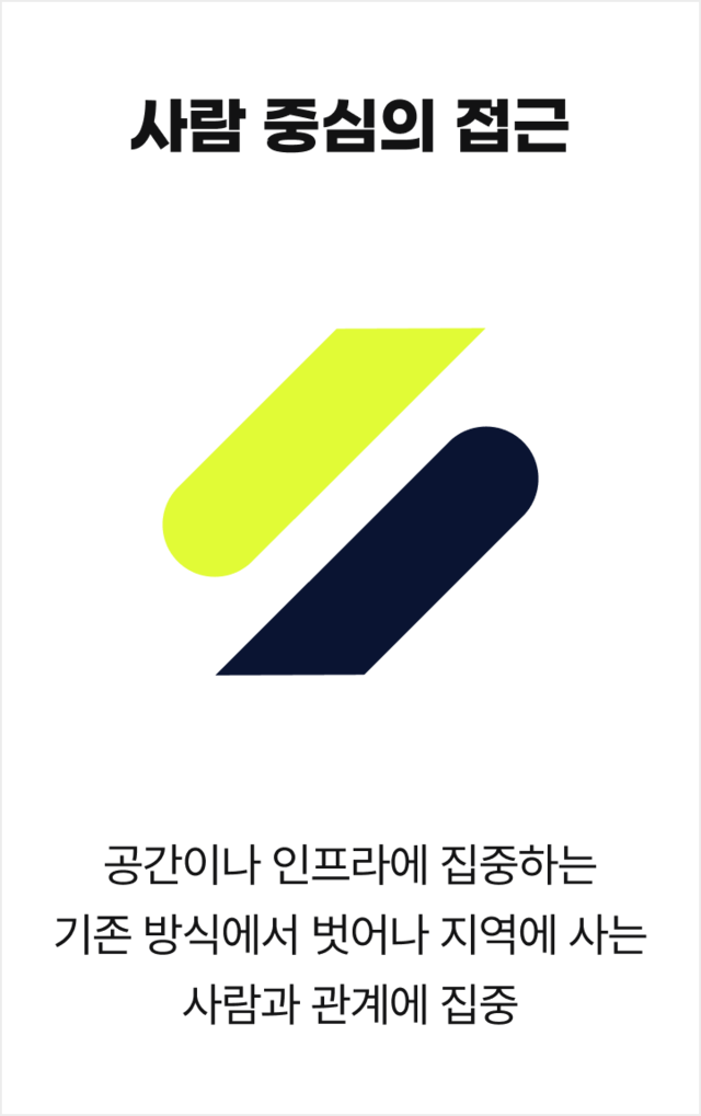 사람 중심의 접근: 공간이나 인프라에 집중하는 기존 방식에서 벗어나 지역에 사는 사람과 관계에 집중