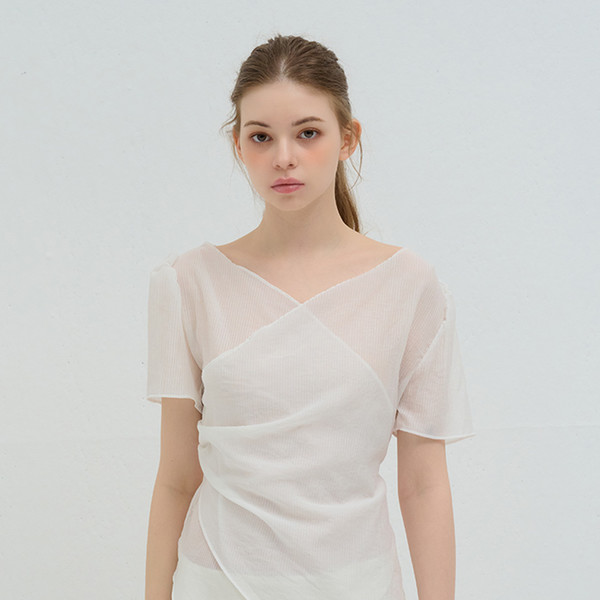 STRIPE WRAP SHIRRING BLOUSE WHITE 상세 이미지
