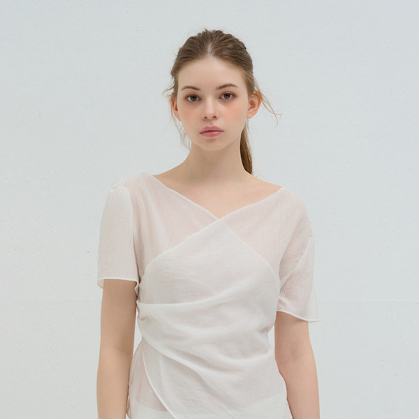 STRIPE WRAP SHIRRING BLOUSE WHITE 상세 이미지