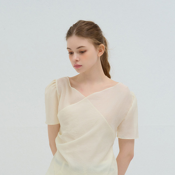 STRIPE WRAP SHIRRING BLOUSE BEIGE 상세 이미지