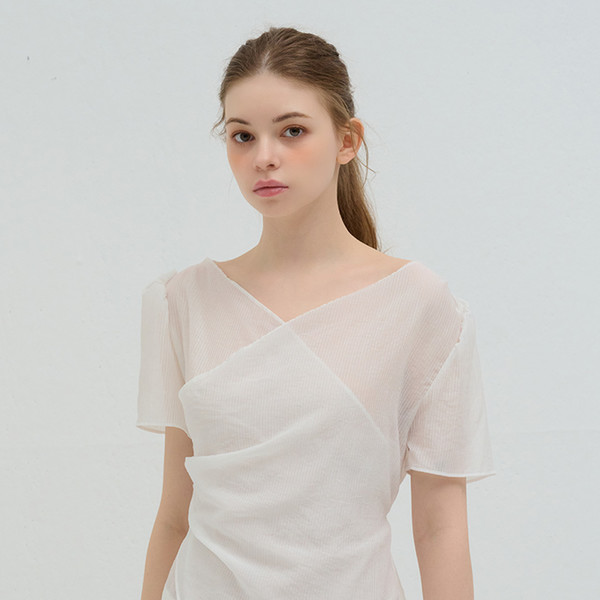 STRIPE WRAP SHIRRING BLOUSE WHITE 상세 이미지