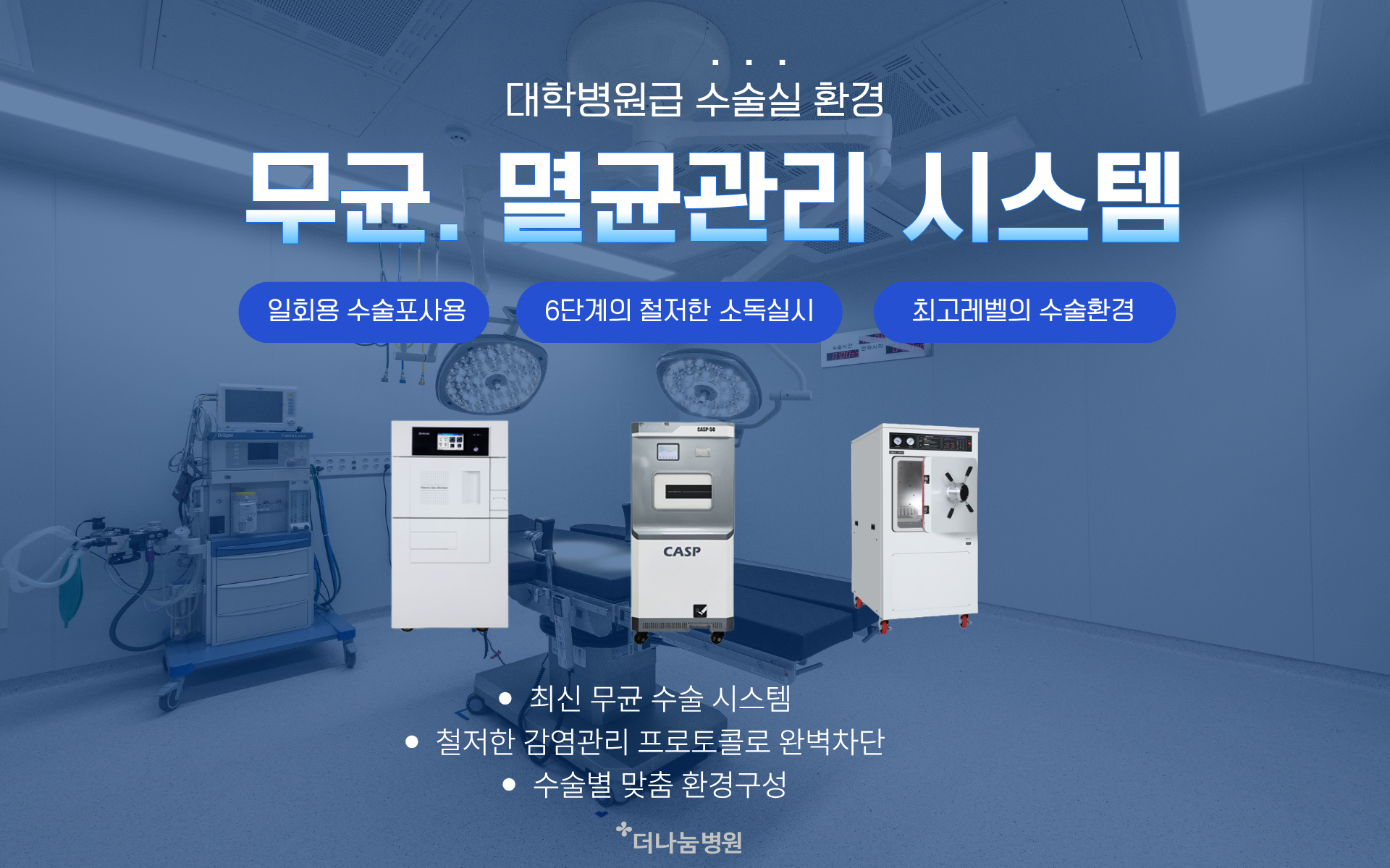 더나눔병원은 대학병원급 수술실 환경을 갖추고 최신 무균 수술 시스템 도입. 철저한 감염 관리 프로토콜운영. 수술별 맞춤 환경 구성하여 대학병원 수준의 감염 관리 기준을 적용한 수술실을 운영하고 있습니다. 