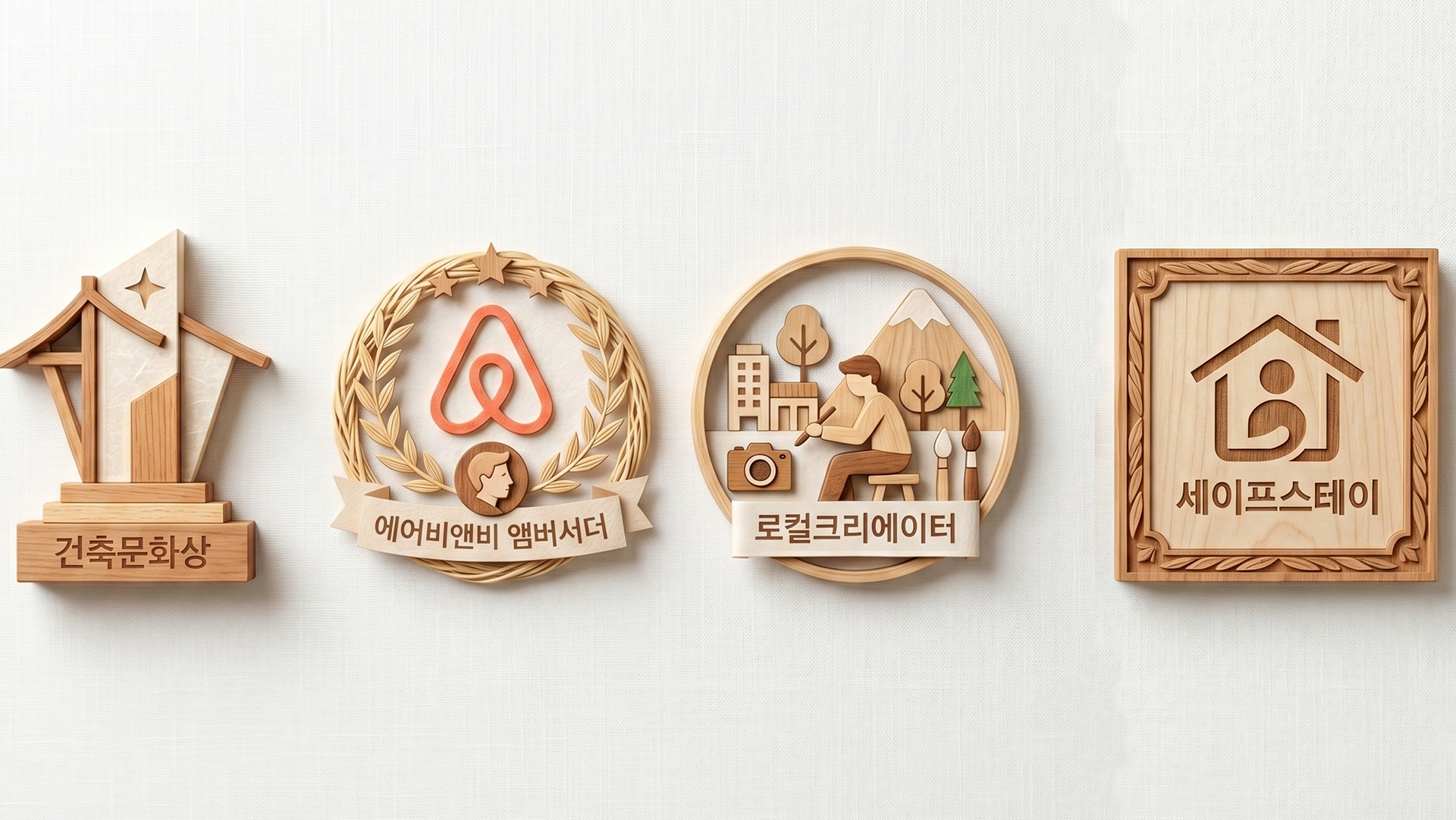 삼박한집 건축문화상 특별상 수상 [강원]  / 에어비앤비 앰버서더 지정 / 중소벤처기업부 로컬 크리에이터 지정 / 문화체육관광부 세이프 스테이 지정 엠블램 아이콘 