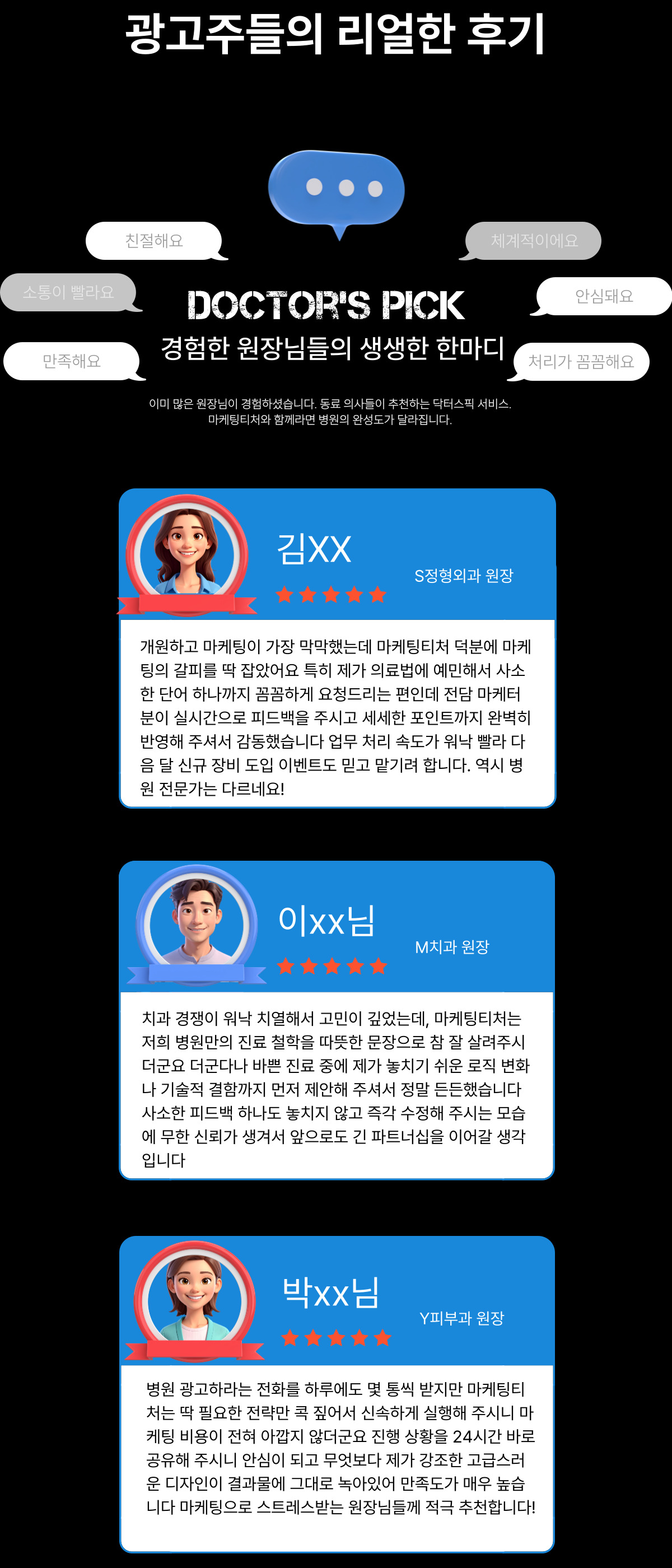 병원마케팅 실제 원장 후기 이미지 - 닥터스픽 서비스를 경험한 병원 원장들의 추천 후기와 마케팅티처의 빠른 소통, 꼼꼼한 운영, 전문성을 보여주는 이미지