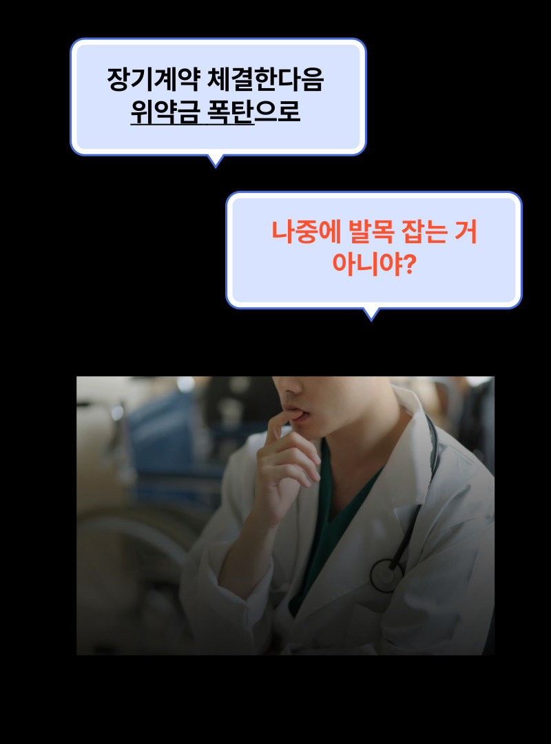 병원마케팅 계약 불안 관련 이미지 - 장기 계약 후 높은 위약금 부담과 광고대행사 락인에 대한 병원 원장님의 고민을 반영해 신뢰할 수 있는 병원 마케팅 파트너 선택의 중요성을 전달하는 콘텐츠