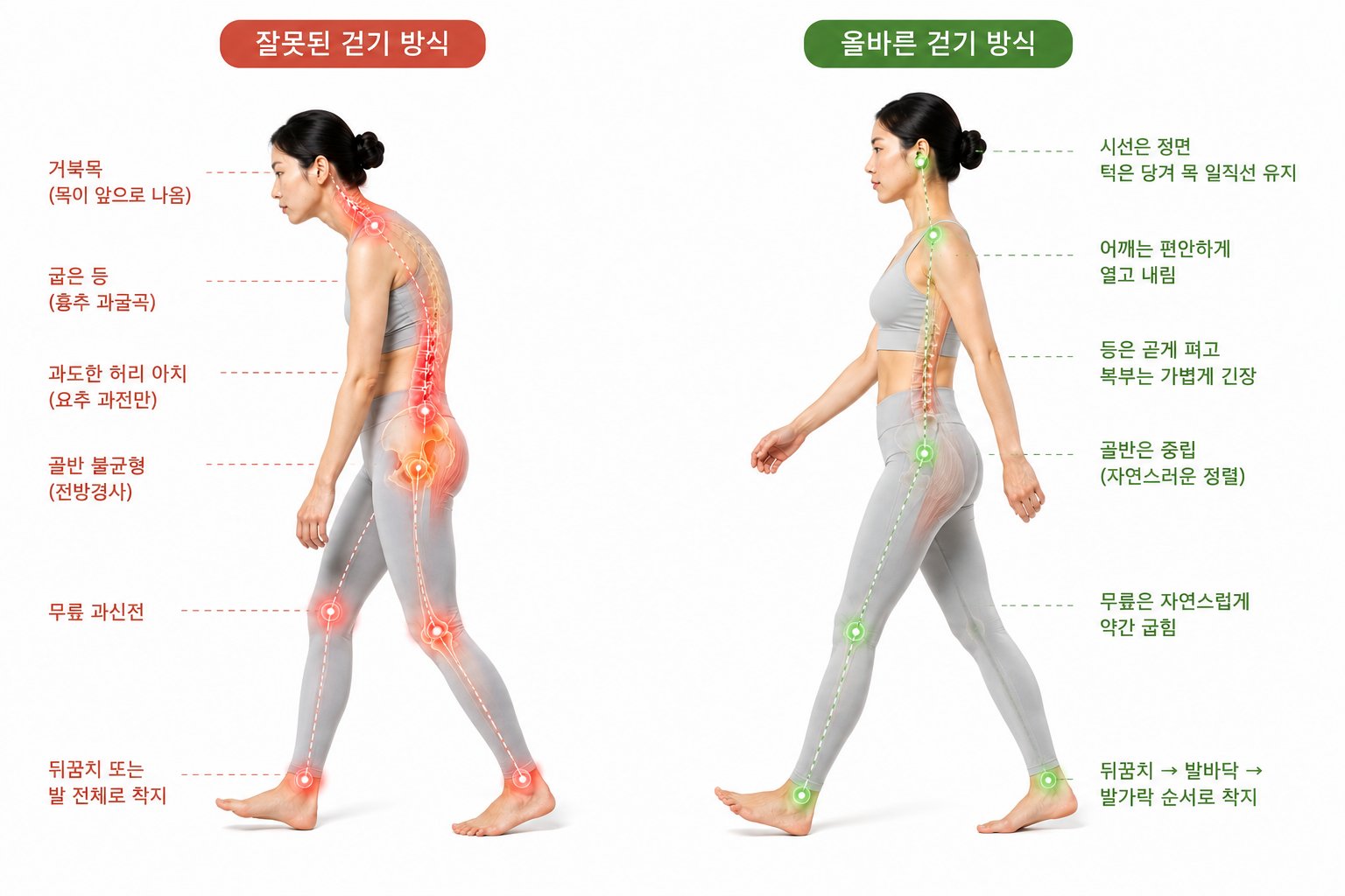 잘못된 걷기 vs 올바른 걷기 전신 비교
