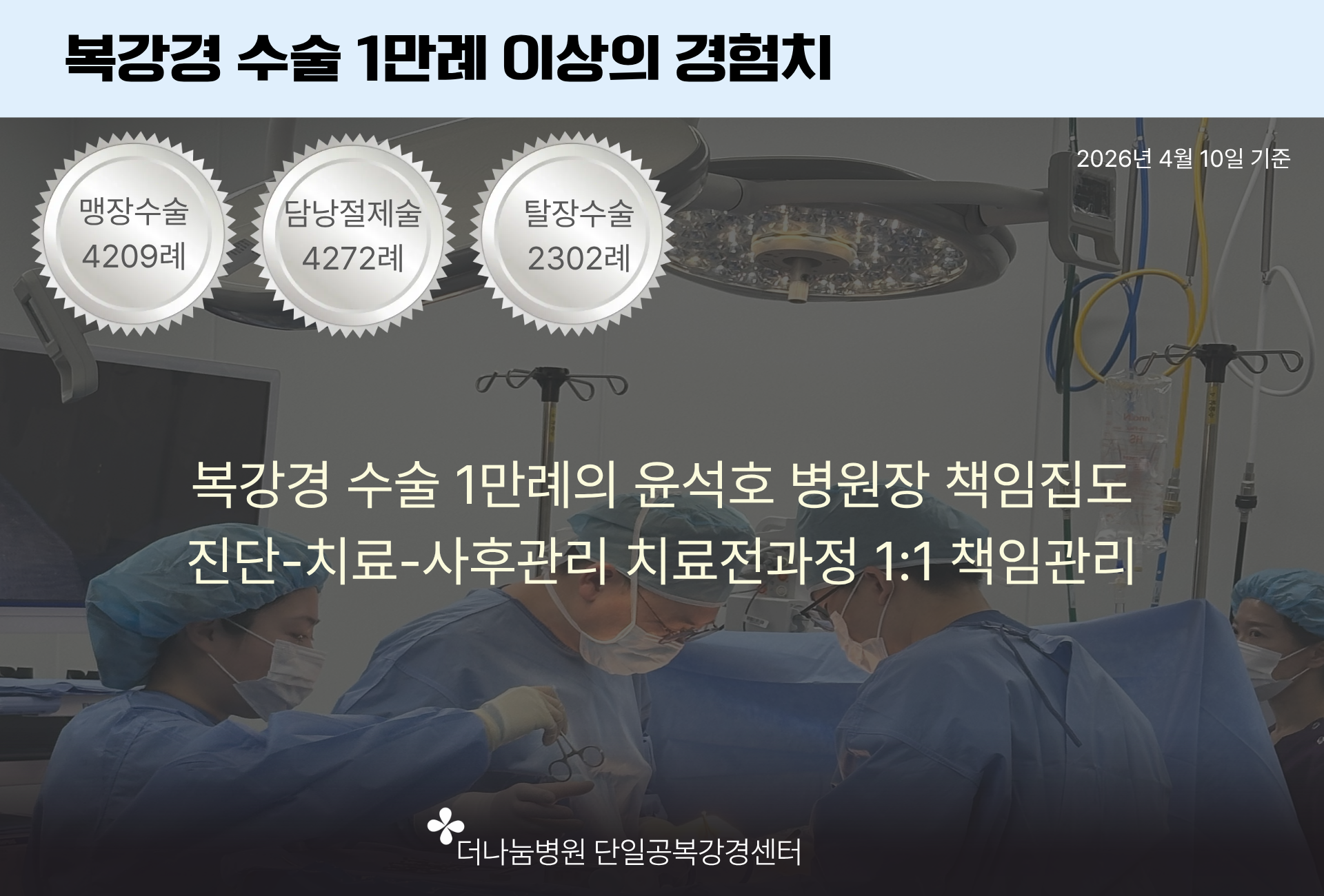 인천 더나눔병원은 복강경 수술 1만례이상의 경험치를 가진 병원장 책임집도로 