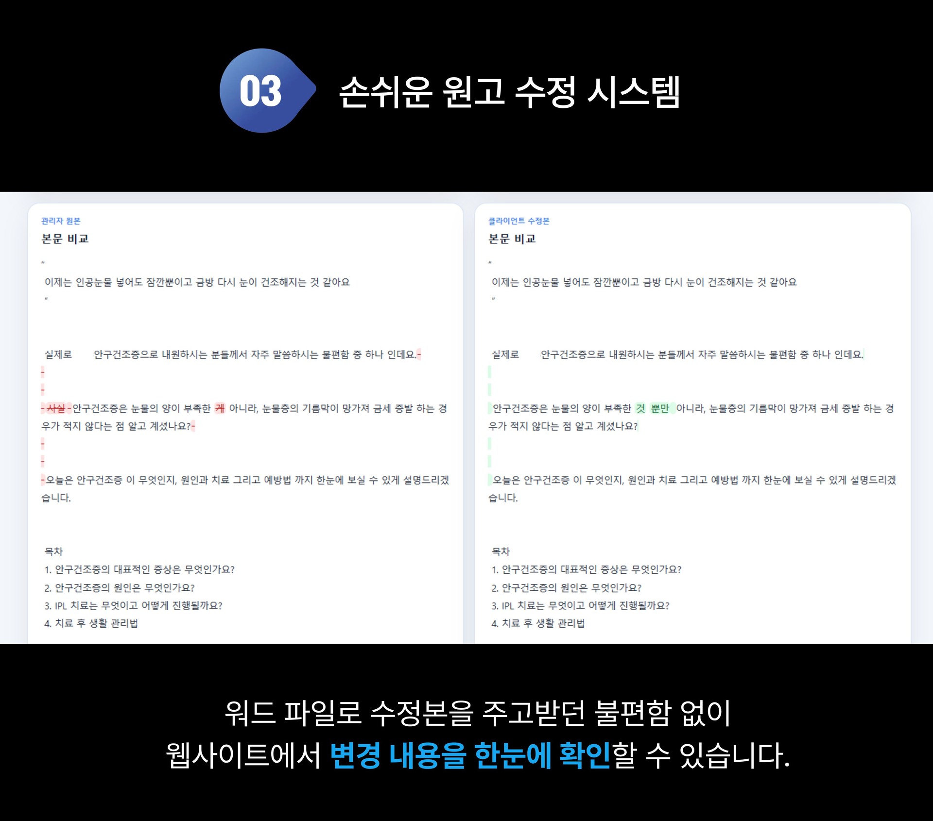 병원마케팅 원고 수정 시스템 이미지 - 병원 브랜드 블로그 원고를 워드 파일 없이 웹사이트에서 직접 검수하고 관리자 원본과 수정본의 변경 내용을 한눈에 비교할 수 있는 마케팅티처의 편리한 협업 관리 서비스 소개 콘텐츠