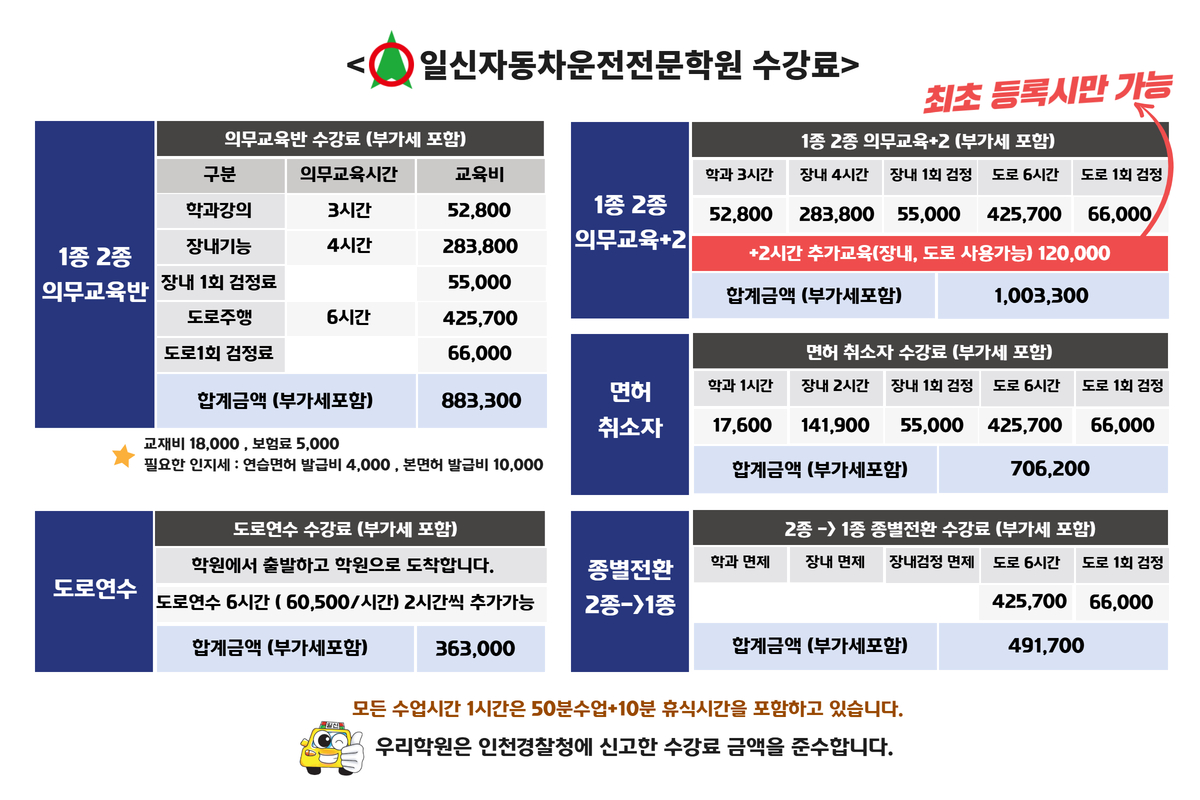 일신자동차운전전문학원 수강료 표 1종 2종 보통 도로연수