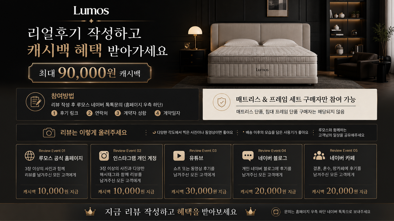 루모스 리얼후기 캐시백 이벤트, 매트리스 프레임 세트 구매 후 리뷰 작성 시 최대 90,000원 지급