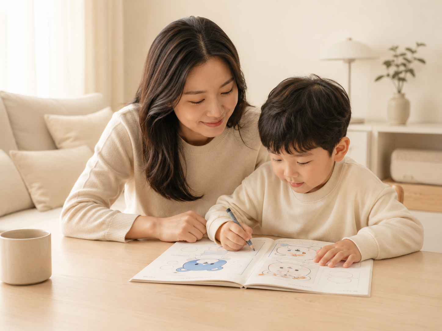 아이와 나란히 워크북을 보는 엄마