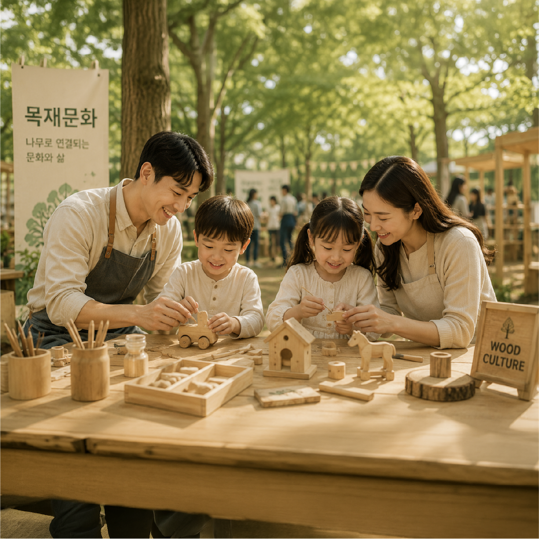 목재문화를 보여주는 이미지로, 가족단위 목재체험을 진행하고 있는 이미지