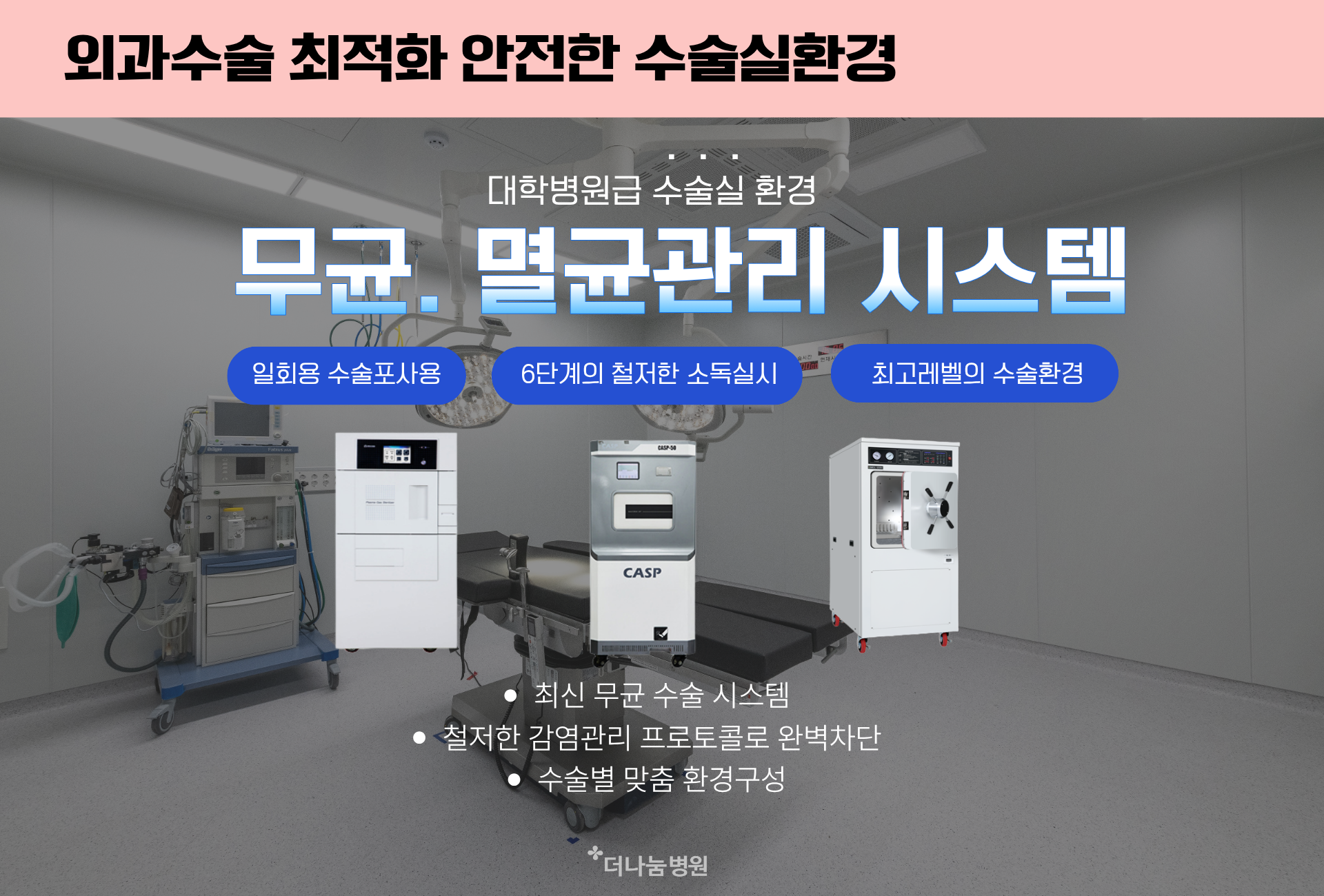 더나눔병원은 대학병원급 수술실 시스템완비로 일회용 수술포 사용 철저한 멸균소독실시 최고레벨의 수술환경을 갖추고있습니다.  