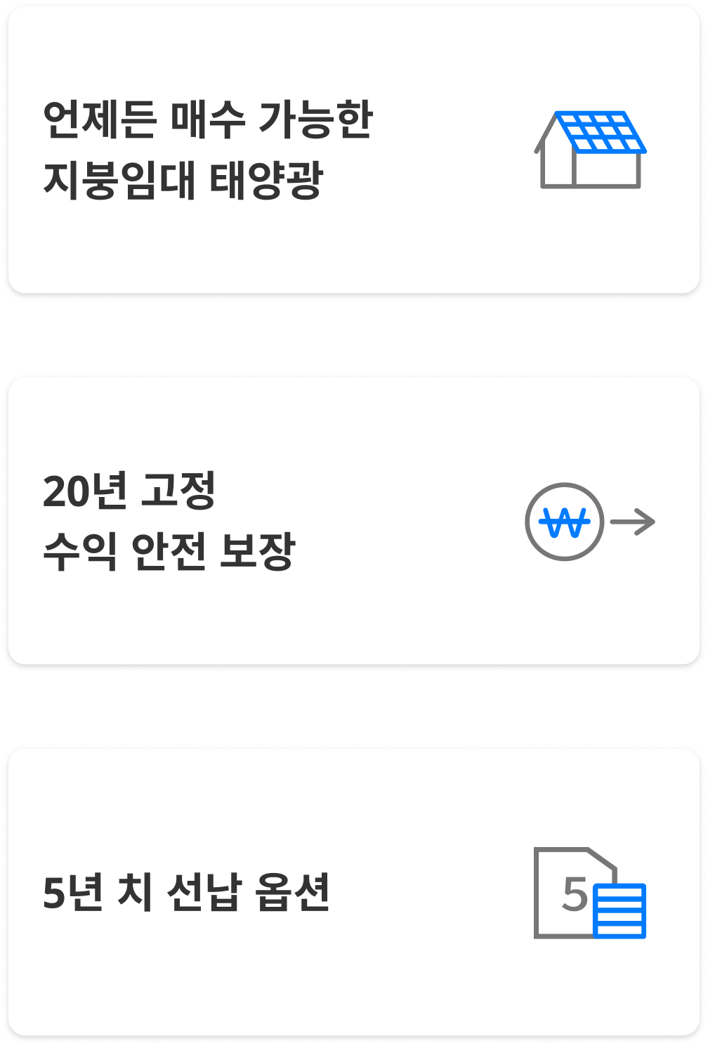 언제든 매수 가능한 지붕임대 태양광, 20년 고정 수익 안전 보장, 5년 치 선납 옵션