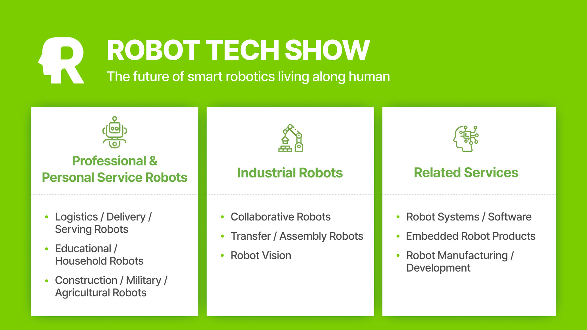 An image displaying the exhibition items for the ROBOT TECH SHOW titled 'The future of smart robotics living along human,' located at 3F / Hall C. The exhibition items are categorized into three main sections: First, Professional & Personal Service Robots, which includes Logistics / Delivery / Serving Robots, Educational / Household Robots, and Construction / Military / Agricultural Robots. Second, Industrial Robots, featuring Collaborative Robots, Transfer / Assembly Robots, and Robot Vision. Third, another Industrial Robots section covering Robot Systems / Software, Embedded Robot Products, and Robot Manufacturing / Development