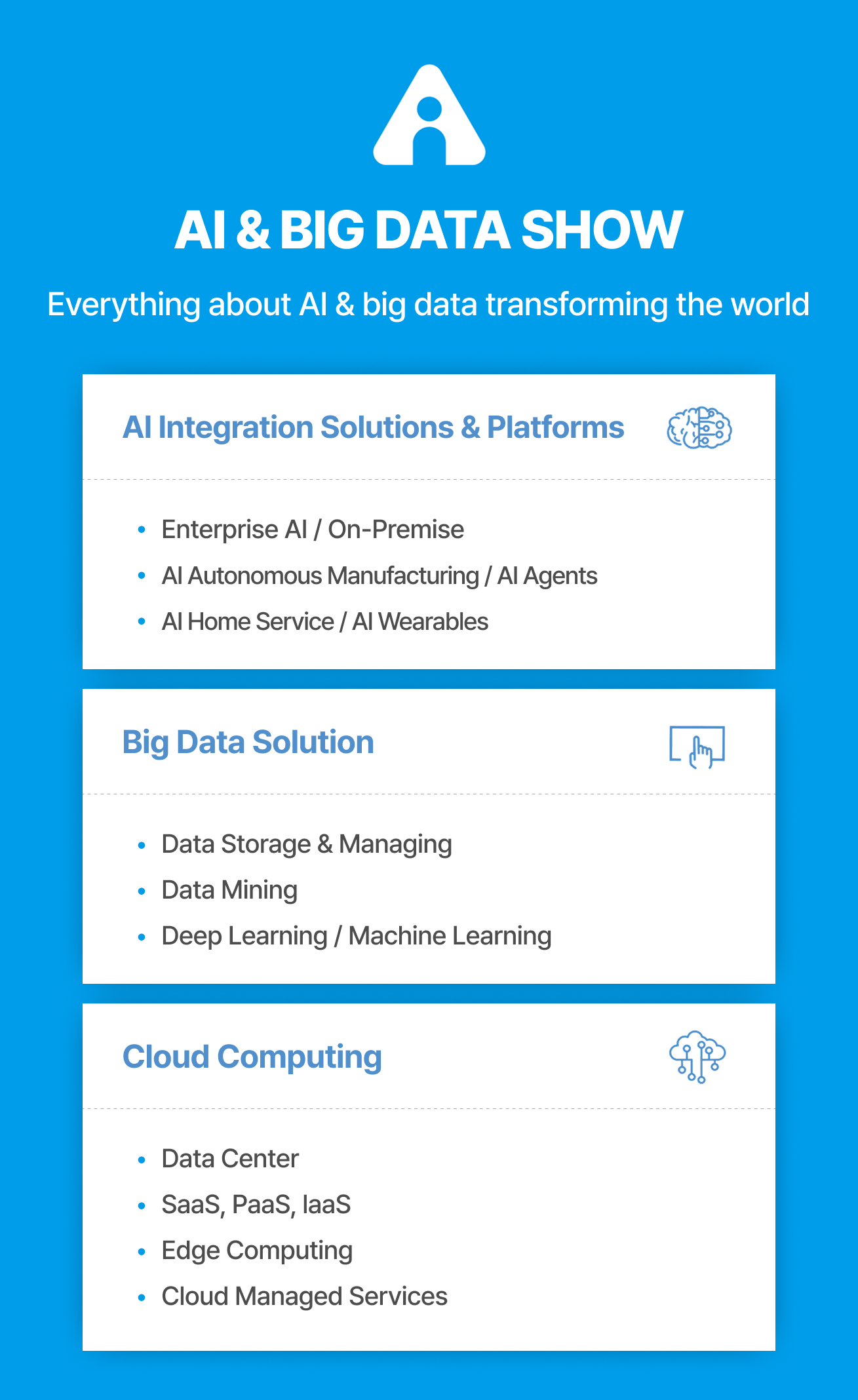 AI & BIG DATA SHOW 전시 안내 이미지는 세상을 바꾸는 인공지능과 빅데이터의 모든 것이라는 슬로건 아래 1F Hall A에서 개최되며, 인공지능 융합 솔루션 및 플랫폼 분야의 엔터프라이즈 AI, 온프레미스, AI 자율제조, AI 에이전트, AI 홈서비스, AI 웨어러블 정보와 빅데이터 솔루션 분야의 저장 관리 기술, 데이터 마이닝, 딥러닝, 머신러닝 정보, 그리고 클라우드 컴퓨팅 분야의 SaaS, PaaS, IaaS, MSP, 에지 컴퓨팅, 클라우드 매니지드 서비스 내용을 담고 있습니다