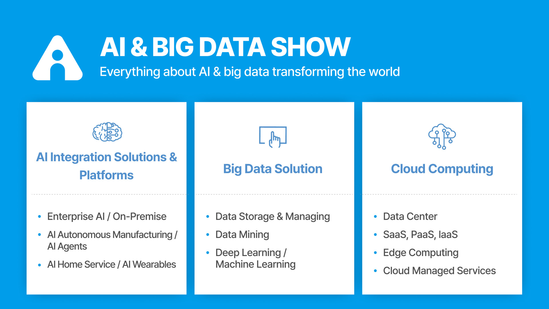 An image displaying the exhibition items for the AI & BIG DATA SHOW titled 'Everything about AI & big data transforming the world,' located at 1F / Hall A. The exhibition items are categorized into three main sections: First, AI Integration Solutions & Platforms, which includes Enterprise AI / On-Premise, AI Autonomous Manufacturing / AI Agents, and AI Home Service / AI Wearables. Second, Big Data Solution items, featuring Data Storage & Managing, Data Mining, and Deep Learning / Machine Learning. Third, Cloud Computing items, covering Data Center, SaaS, PaaS, IaaS, Edge Computing, and Cloud Managed Services