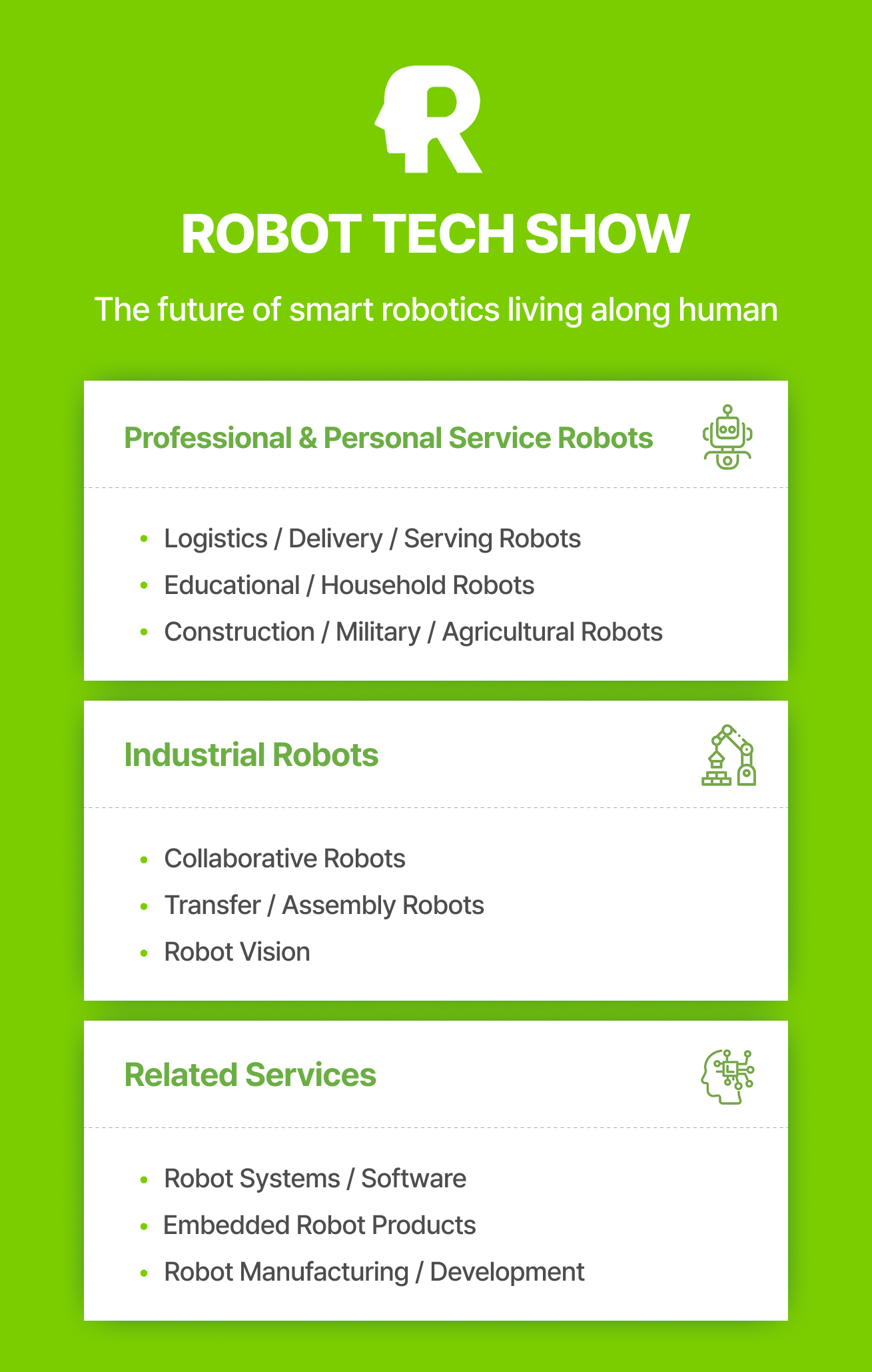 ROBOT TECH SHOW 전시 안내 이미지는 사람과 함께하는 스마트 로봇의 미래라는 슬로건과 함께 3F Hall C에서 진행되며, 전문 및 개인 서비스용 로봇 분야의 물류, 배송, 서빙, 교육, 가사, 건설, 군사, 농업용 로봇 정보와 산업용 로봇 분야의 협동로봇, 이적재용 및 조립용 로봇, 로봇비전 정보, 그리고 로봇 제조, 개발 및 관련 서비스 분야의 로봇 시스템, 소프트웨어, 임베디드 제품, 응용 서비스 내용을 포함합니다