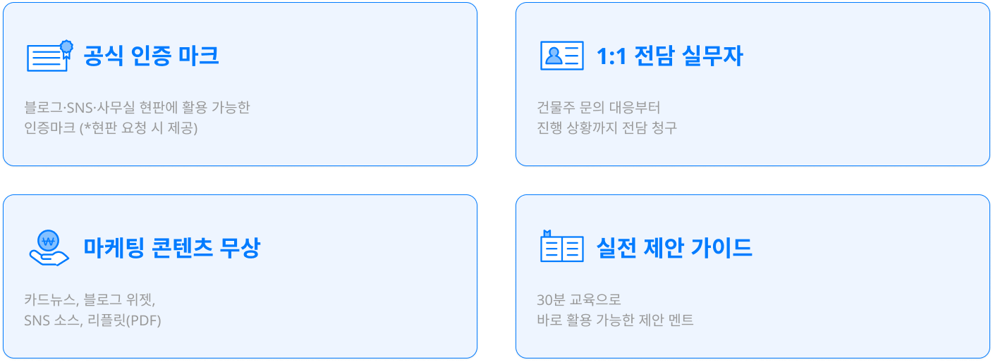 공식 인증 마크, 1:1 전담 실무자, 마케팅 콘텐츠 무상, 소개 화법 스크립트